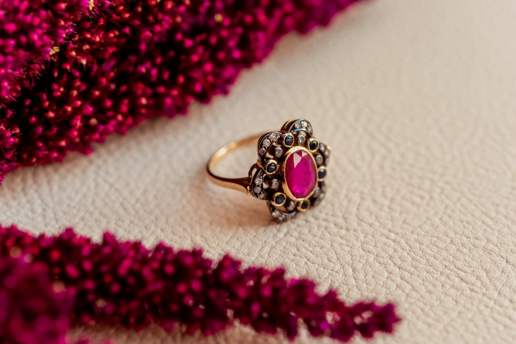 Silver and gold Ruby and Diamonds ring