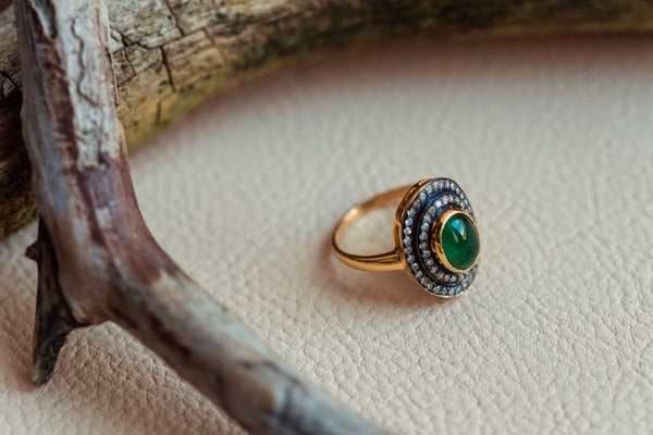 Silver and gold Emerald and Diamonds ring