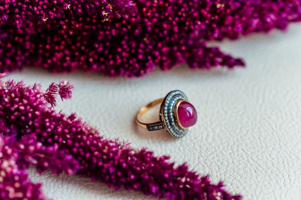 Silver and gold Ruby and Diamonds ring