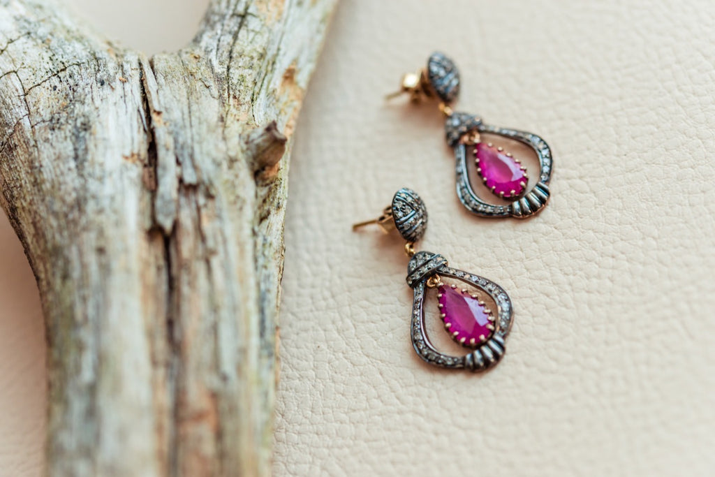 Silver 925 and 14 K gold Ruby and diamonds earrings
