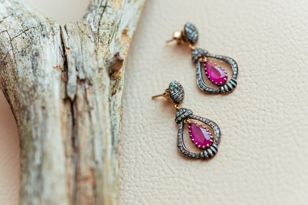 Silver 925 and 14 K gold Ruby and diamonds earrings