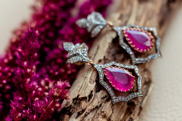 Silver 925 and 14 K gold Ruby and diamonds earrings