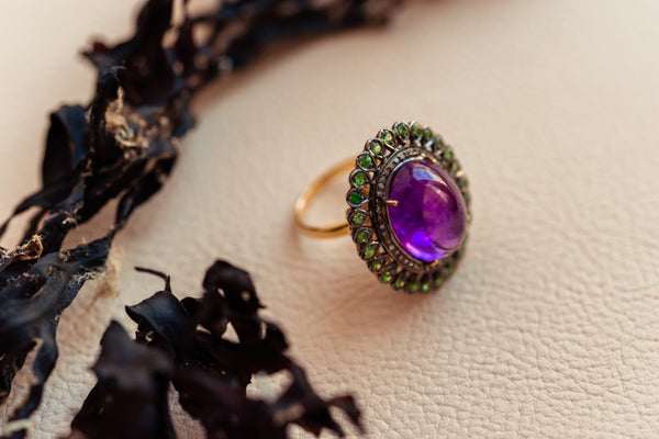 Silver and gold Amethyst and Diamonds ring