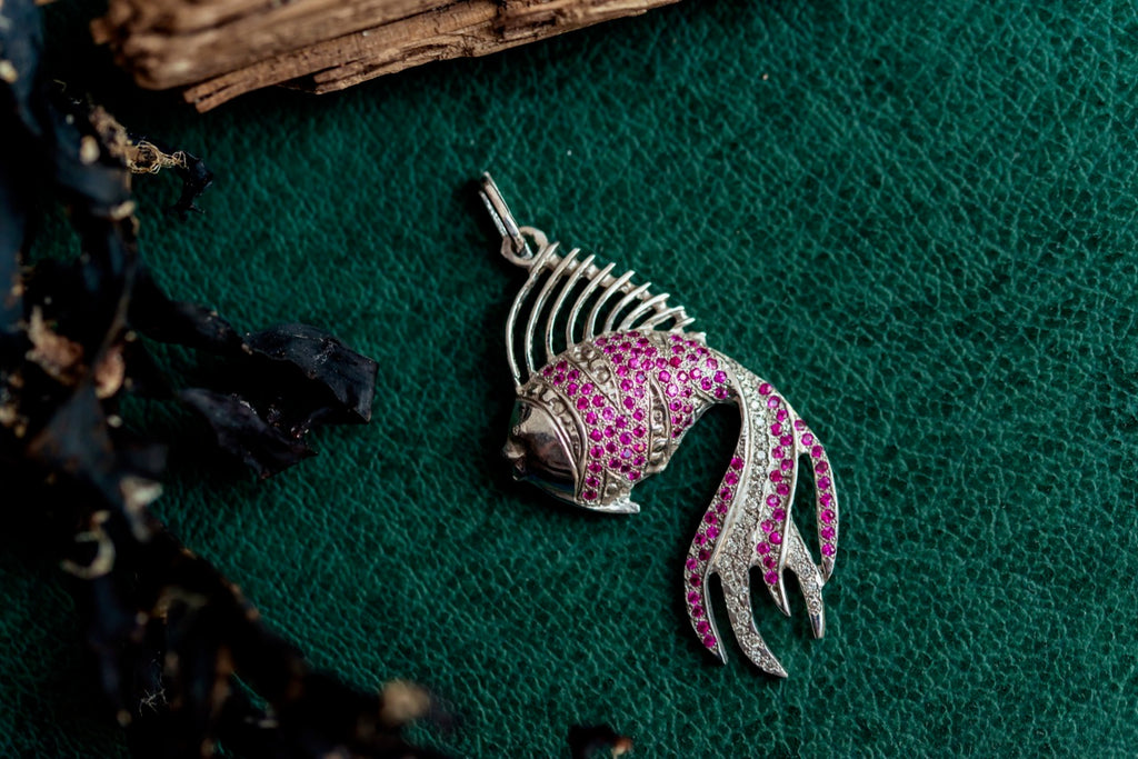 Silver and gold brooch Fish with rubies and diamonds