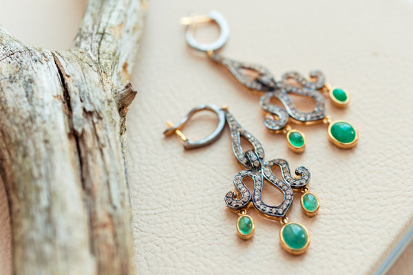 Silver 925 and 14 K gold Emerald and white topaz earrings
