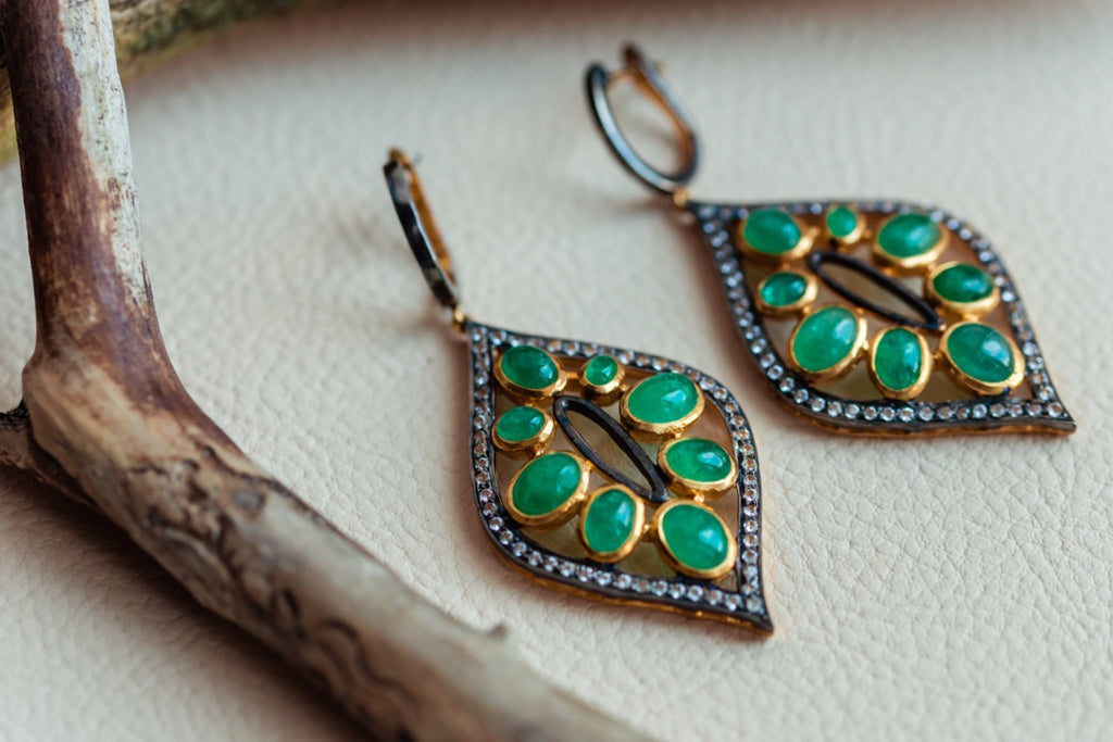 Silver 925 and 14 K gold Emerald and white topaz earrings