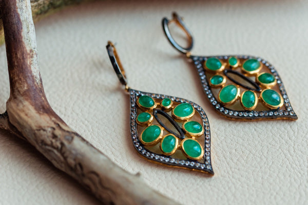 Silver 925 and 14 K gold Emerald and white topaz earrings