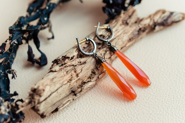 Silver 925 and 14 K gold Cornelian and rose cut diamonds earrings