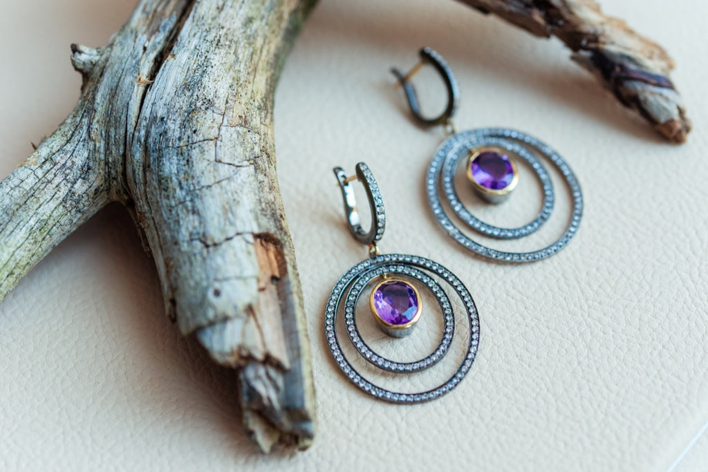 Silver 925 with details of 14 K gold Earrings with Amethyst and White topazes
