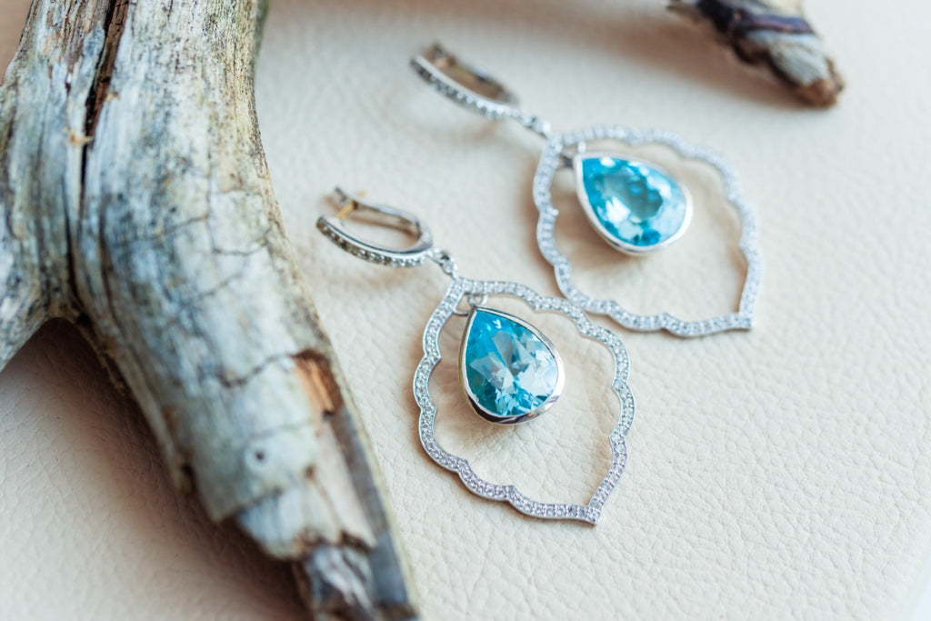 Silver 925 with 14 K gold details Earrings with Large Blue Topaz and White topazes