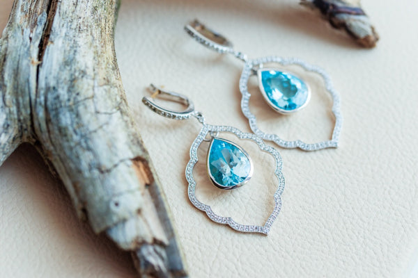 Silver 925 with 14 K gold details Earrings with Large Blue Topaz and White topazes