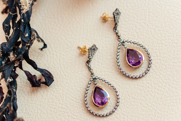 Silver 925 and 14 K gold details Earrings with Amethyst and White topazes