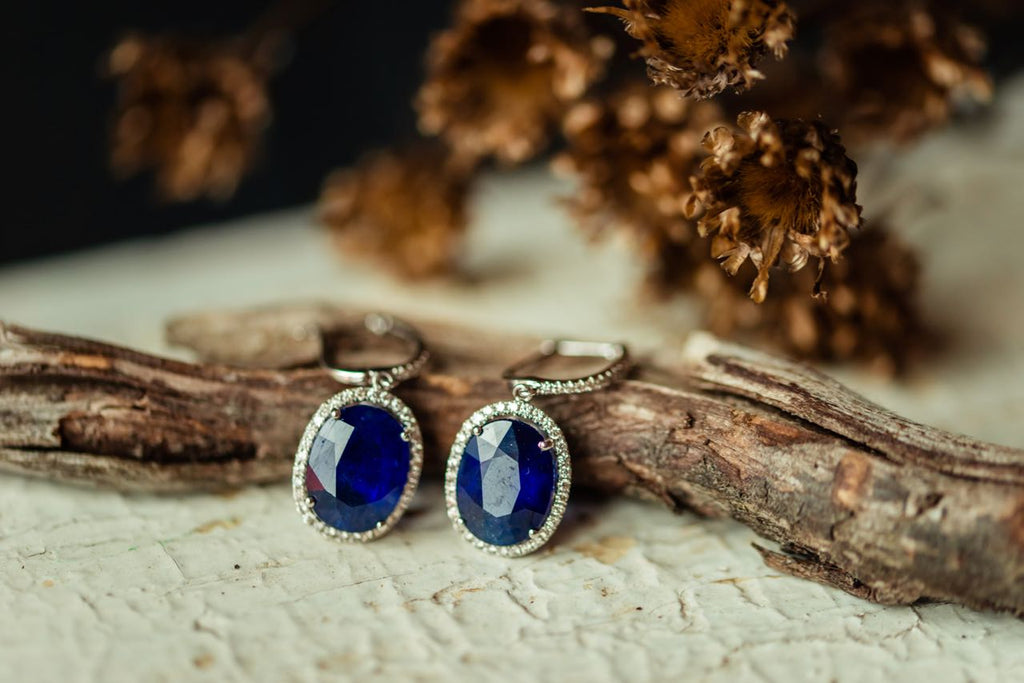 Gold Earrings with  Blue Sapphires  and Diamonds