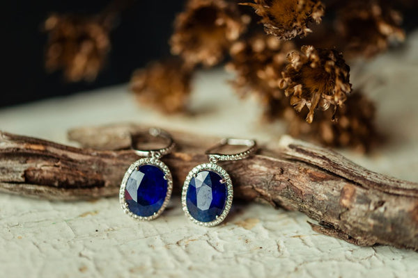 Gold Earrings with  Blue Sapphires  and Diamonds
