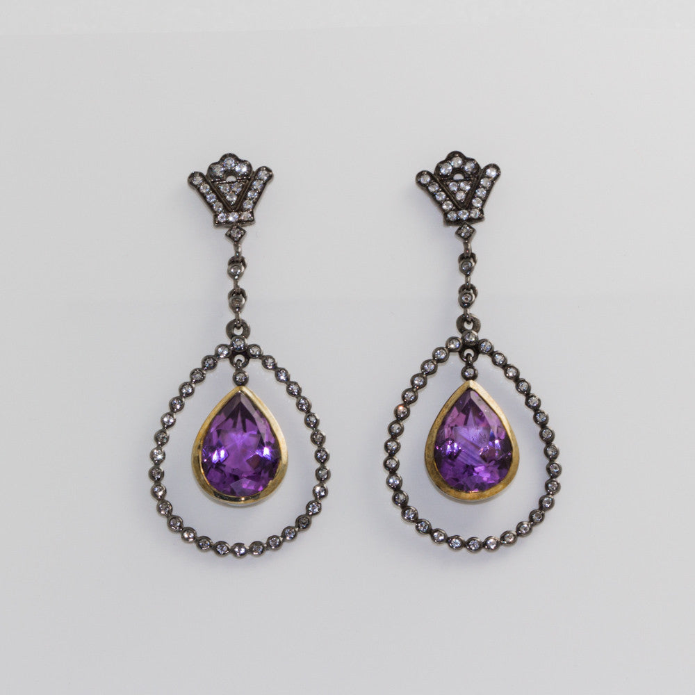 Silver 925 and 14 K gold details Earrings with Amethyst and White topazes
